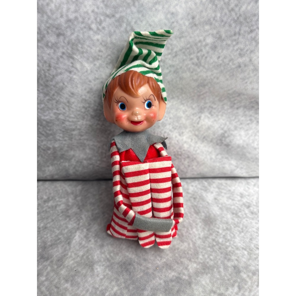 Vintage Christmas Pixie Elf Hard Plastic Head Knee Hugger Bell Chime Toy